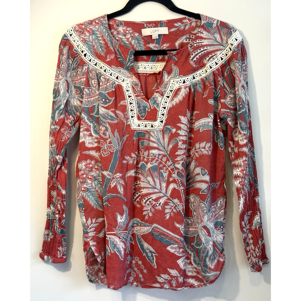 LOFT Women's Small Multicolor Floral Gauzy Cut Out Lace Long Sleeve Peasant